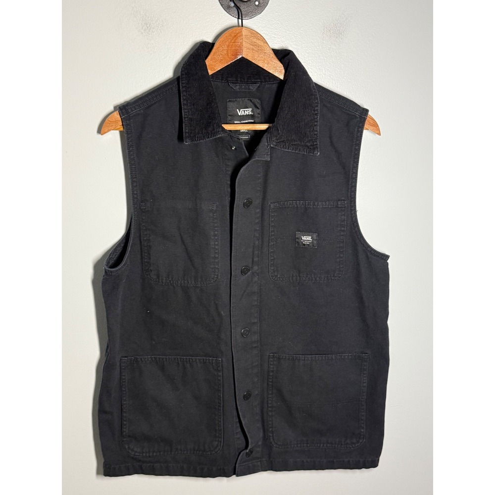 Vans Drill Chore Coat Vest Mens Small Black Denim Corduroy Collar Utility